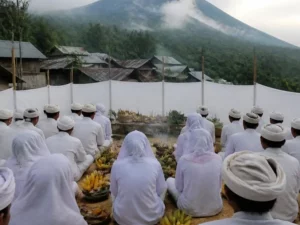 Ilustrasi warga berpakaian putih duduk bersila menghadap sesaji pisang di lereng gunung berkabut