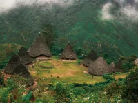 Rumah adat Mbaru Niang beratap ijuk berbentuk kerucut di Kampung Wae Rebo, Manggarai