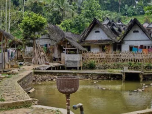 Ilustrasi rumah-rumah beratap ijuk berpagar bambu di tepi kolam di sebuah kampung tradisional