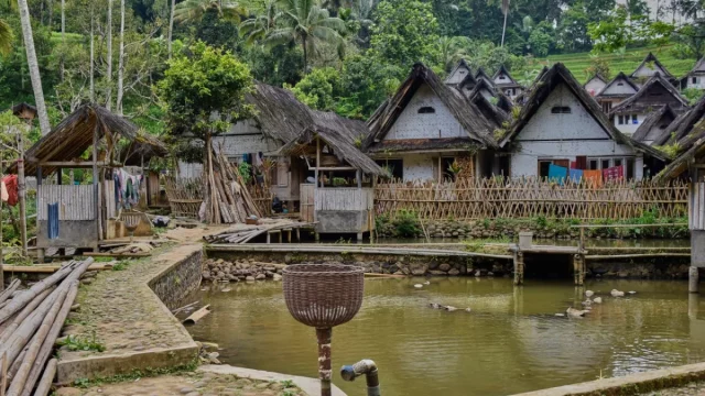 Ilustrasi rumah-rumah beratap ijuk berpagar bambu di tepi kolam di sebuah kampung tradisional