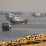 Kapal-kapal di dekat Selat Hormuz terlihat dari Musandam, Oman