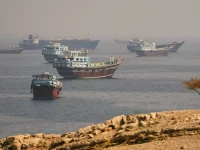 Kapal-kapal di dekat Selat Hormuz terlihat dari Musandam, Oman