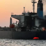 Kapal tanker El Gaia mengeluarkan asap setelah kebakaran di laut