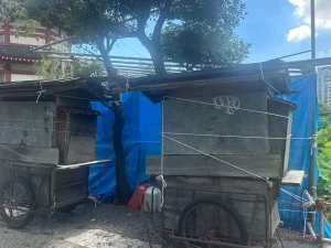 Dua gerobak yatai kayu yang tutup di tepi Kolam Shinobazu, Taman Ueno, Tokyo