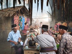 Ilustrasi warga berkumpul dan bercakap-cakap di sebuah pasar tradisional di Jawa.