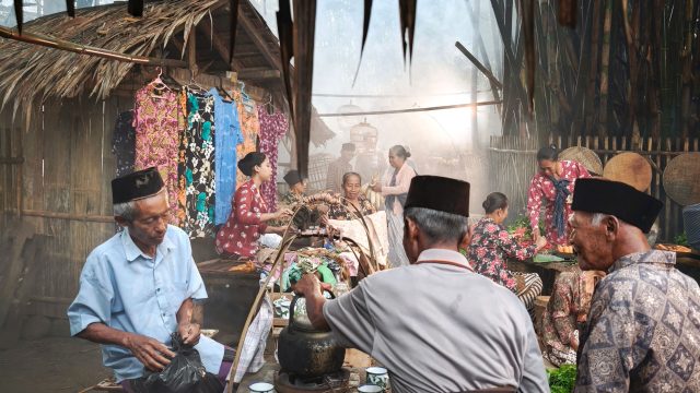 Ilustrasi warga berkumpul dan bercakap-cakap di sebuah pasar tradisional di Jawa.