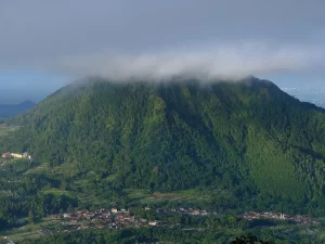 Ilustrasi Gunung Merbabu di Jawa Tengah yang berselimut hijau dan kabut