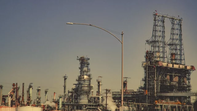 Cerobong dan pipa kilang minyak di kawasan industri petrokimia