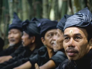Sejumlah laki-laki Kajang berpakaian dan berikat kepala hitam duduk berjajar di depan rumpun bambu