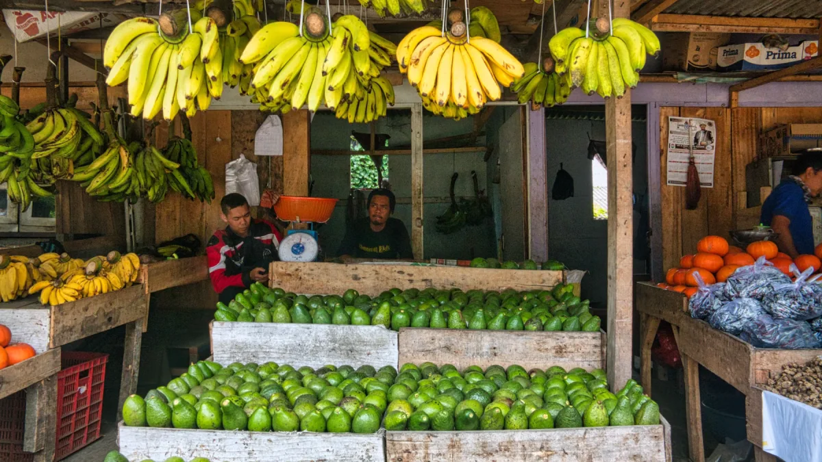 Dua pedagang menunggui lapak buah dengan tumpukan alpukat dan pisang gantung