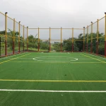 Lapangan futsal rumput sintetis berpagar kawat dengan pepohonan tropis di sekelilingnya