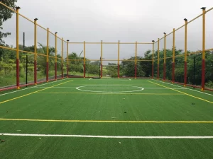 Lapangan futsal rumput sintetis berpagar kawat dengan pepohonan tropis di sekelilingnya