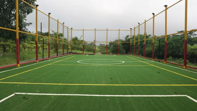 Lapangan futsal rumput sintetis berpagar kawat dengan pepohonan tropis di sekelilingnya