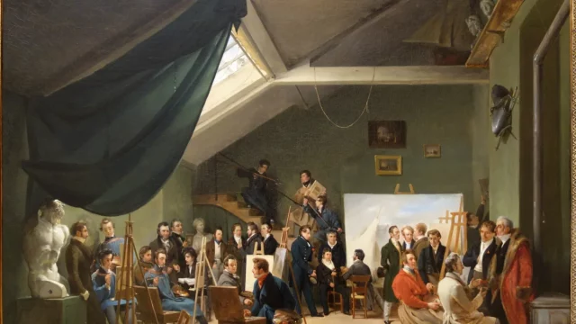 Lukisan studio seni "The Artist's Studio" karya Auguste-Xavier Leprince, 1826, cat minyak di atas kanvas