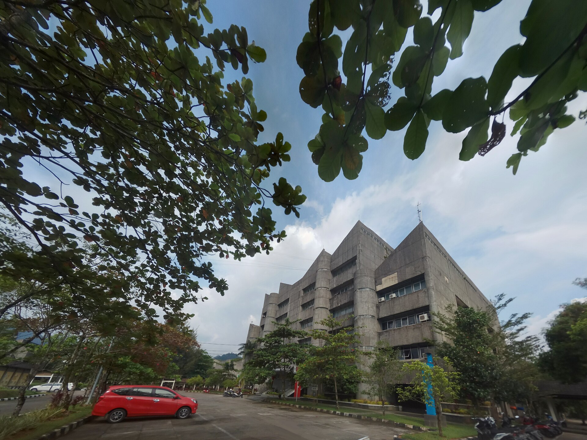 Gedung perpustakaan pusat Universitas Andalas berlantai banyak terlihat dari balik dahan pepohonan di tepi area parkir kampus.
