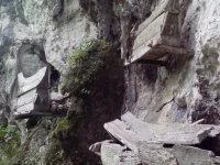Peti erong tergantung di dinding tebing kapur kompleks makam Toraja di Toraja Utara