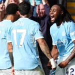 Pemain Manchester City merayakan gol ke gawang Sunderland di Etihad Stadium