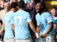 Pemain Manchester City merayakan gol ke gawang Sunderland di Etihad Stadium