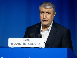 Kepala Organisasi Energi Atom Iran Mohammad Eslami berbicara di konferensi IAEA