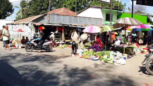 Pedagang sayur berjualan di bawah payung warna-warni di Pasar Penfui