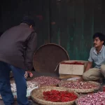 Ilustrasi pedagang cabai dan bawang di sebuah pasar tradisional