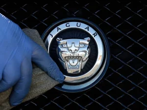 Foto arsip pekerja memoles logo Jaguar pada sebuah mobil di diler Jaguar di London