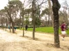 Beberapa orang berlari di jalur tanah berpepohonan Taman El Retiro, Madrid, Spanyol