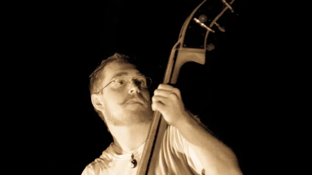 Pemain double bass di panggung festival musik
