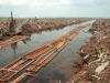 Lahan hutan Riau yang dibuka dengan kayu dirakit di kanal buatan pada 2006