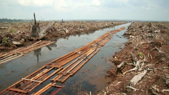 Lahan hutan Riau yang dibuka dengan kayu dirakit di kanal buatan pada 2006