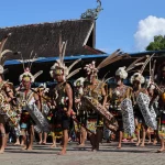 Penari laki-laki Dayak Kenyah berhiasan bulu dan tameng ukir di halaman lamin adat