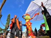 Penari Seblang Olehsari bermahkota omprog menari di bawah payung, Banyuwangi