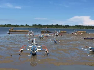 Perahu jukung nelayan bersandar di perairan dangkal Teluk Benoa, Bali, saat air surut