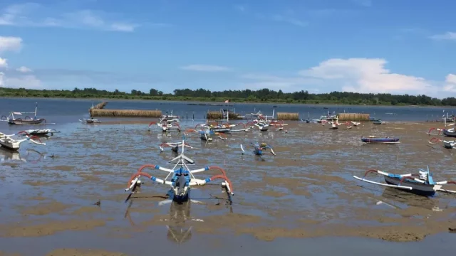 Perahu jukung nelayan bersandar di perairan dangkal Teluk Benoa, Bali, saat air surut