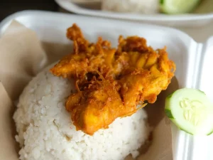 Nasi ayam penyet dengan timun tersaji dalam kotak makanan bawa pulang
