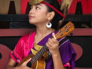 Ilustrasi seorang perempuan berbusana adat memainkan alat musik berdawai.