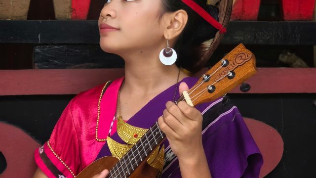 Ilustrasi seorang perempuan berbusana adat memainkan alat musik berdawai.