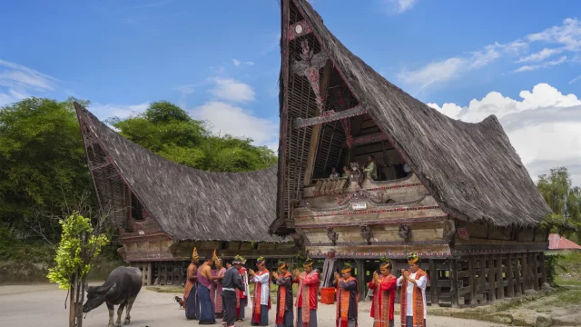 Rumah Bolon beratap menjulang dengan rombongan berbusana adat di halamannya