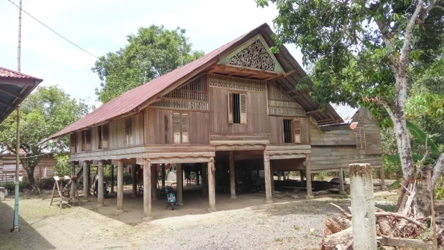 Rumoh Aceh berdiri di atas deretan tiang kayu dengan dinding dan tangga berukir