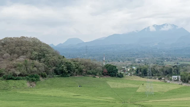 Hamparan sawah hijau di kaki perbukitan berselimut awan, Manggarai Barat, Flores, Nusa Tenggara Timur