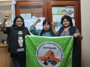 Anggota serikat pekerja rumah tangga SINTTRAHOL membentangkan bendera serikat di Lima, Peru