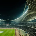 Stadion sepak bola penuh penonton pada malam hari