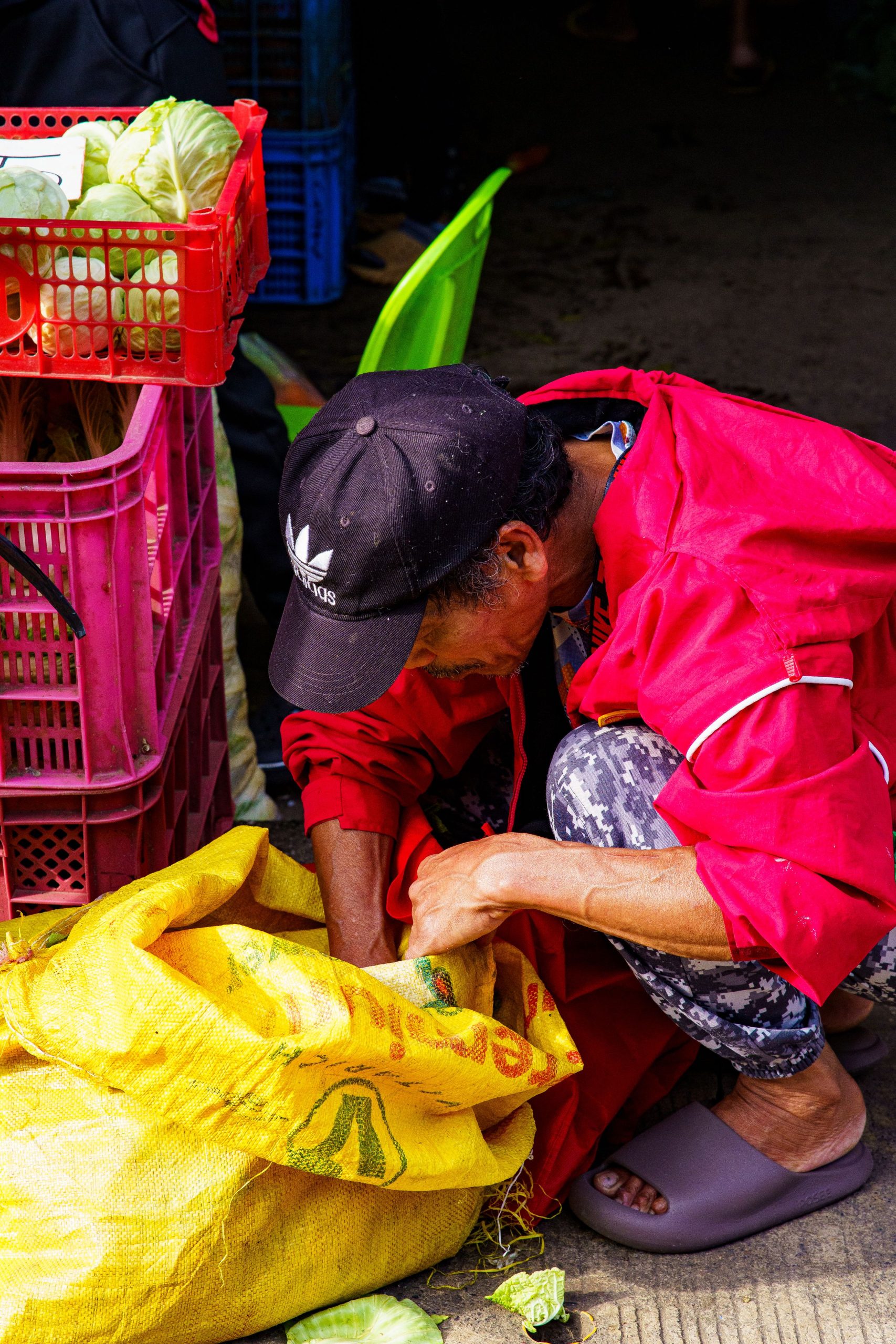 Ilustrasi pedagang menata sayur dan buah di lapak pasar.