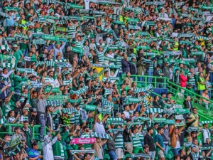 Kerumunan suporter sepak bola mengibarkan syal di tribun stadion