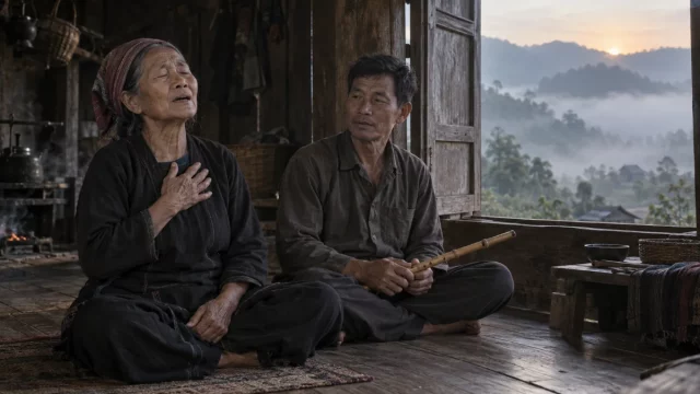Perempuan tua duduk bersila melantunkan ratapan sambil menekapkan tangan ke dada, di sampingnya seorang lelaki memegang seruling bambu