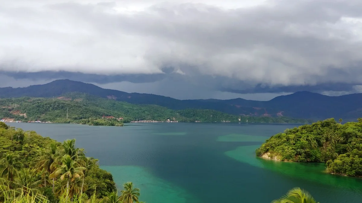 Teluk Tomori dikelilingi perbukitan berhutan di Kabupaten Morowali Utara, Sulawesi Tengah