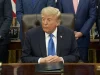 Presiden Amerika Serikat Donald Trump duduk di meja kerja Ruang Oval