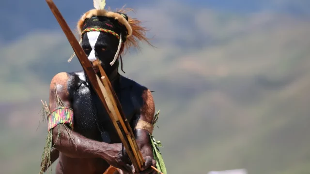 Seorang lelaki Suku Dani berhias cat tubuh dan bulu memegang tombak kayu pada Festival Lembah Baliem, Wamena, Papua.