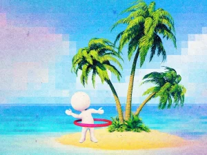 Ilustrasi agen AI bermain hula hoop di pulau virtual