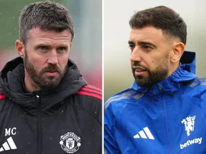 Michael Carrick dan Bruno Fernandes dalam foto berdampingan saat sesi latihan Manchester United